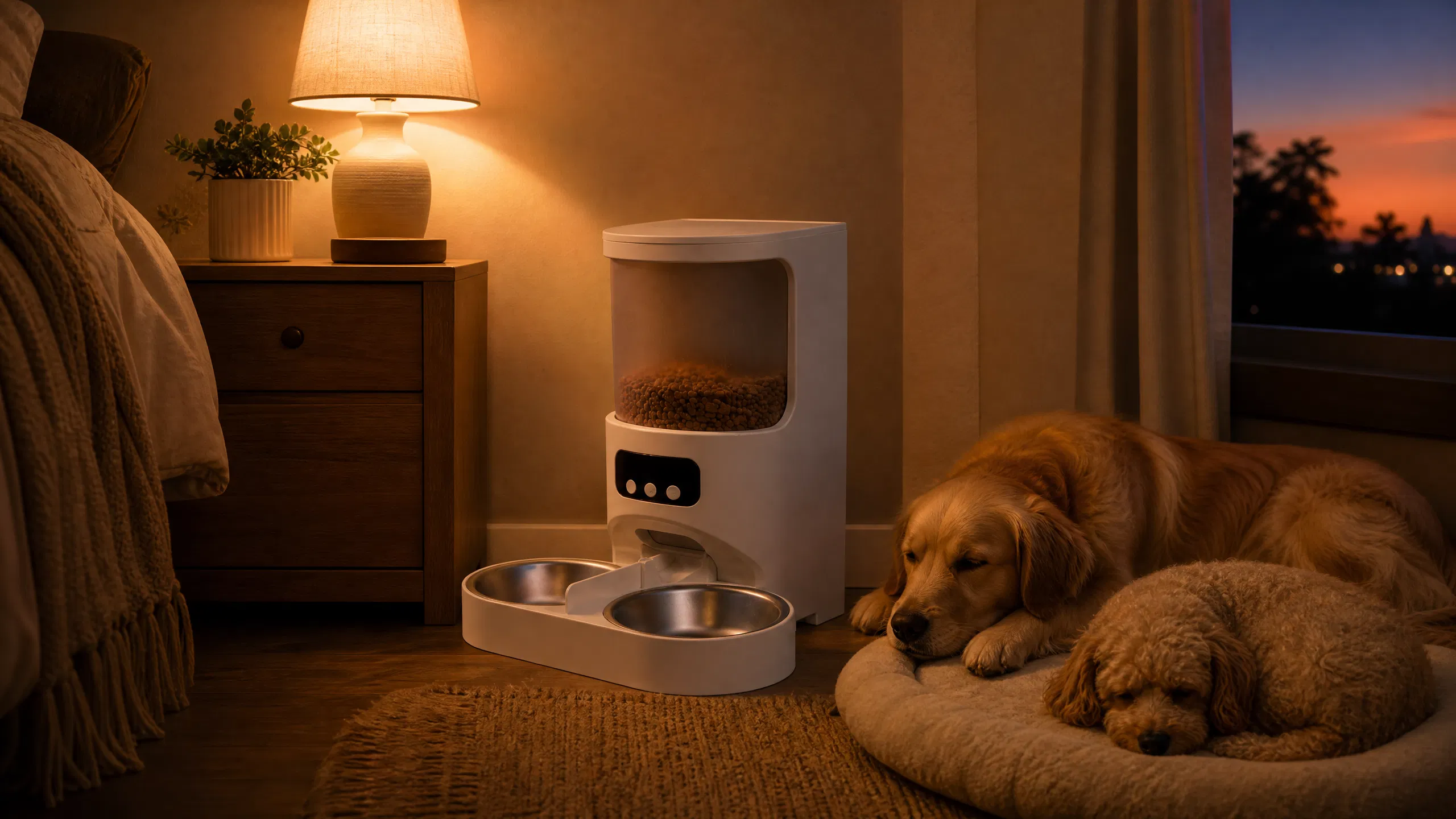 Dual-Bowl Smart Automatic Pet Feeder · Quiet Evening Meal · GuardHound DOG