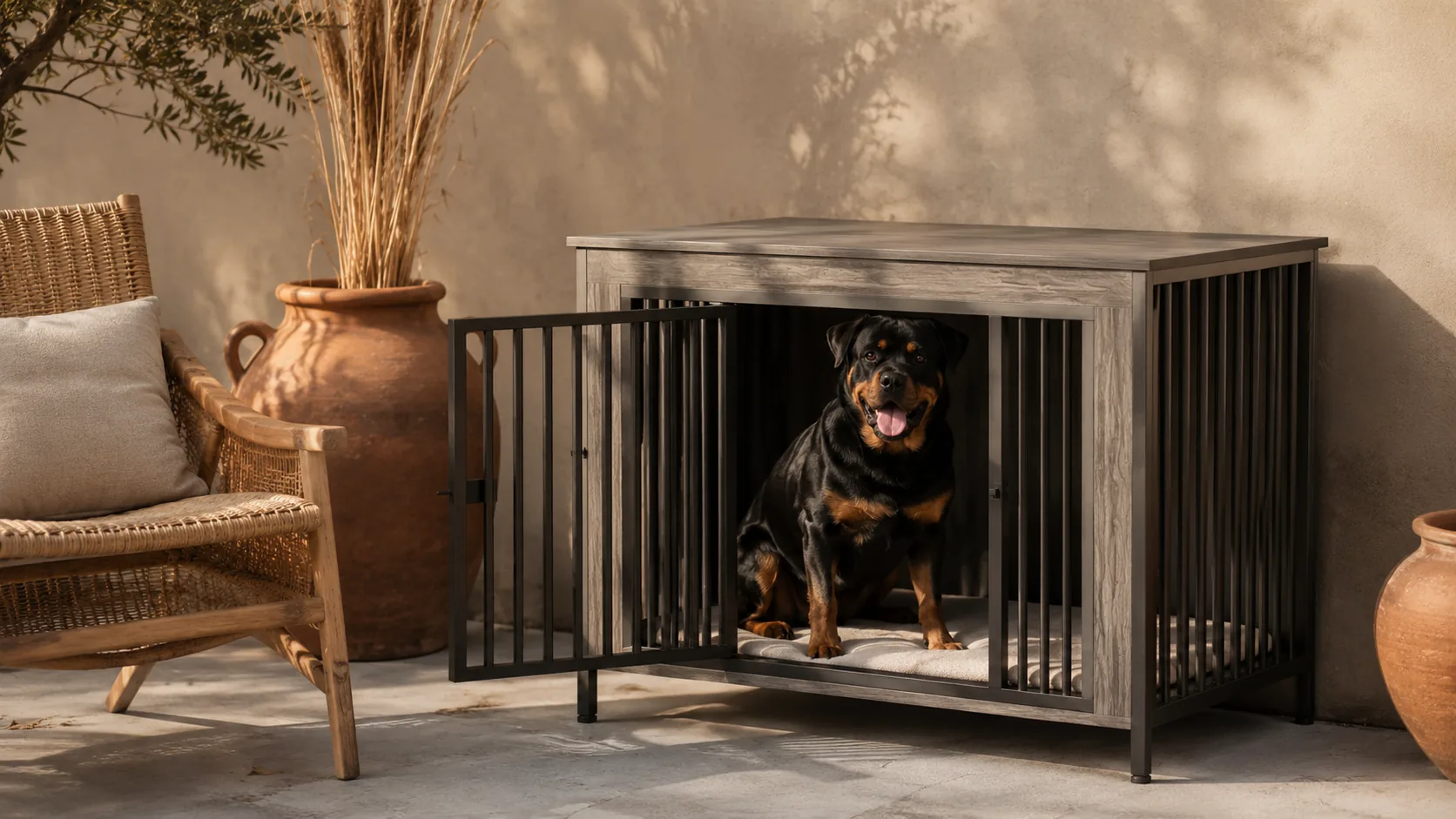 Modern Wood Double Door Pet Crate · Wood grain blends in · GuardHound DOG