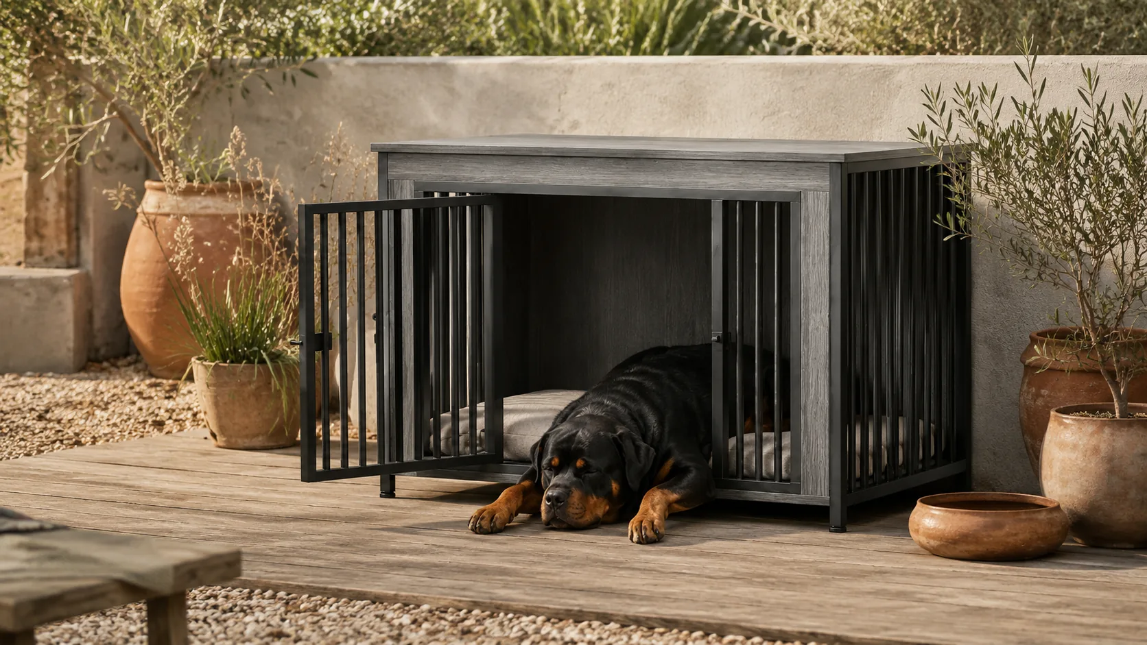 Modern Wood Double Door Pet Crate · Metal frame, built tough · GuardHound DOG