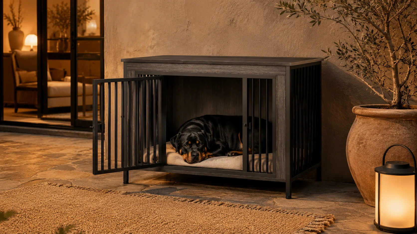 Modern Wood Double Door Pet Crate · Plush cushion for comfort · GuardHound DOG