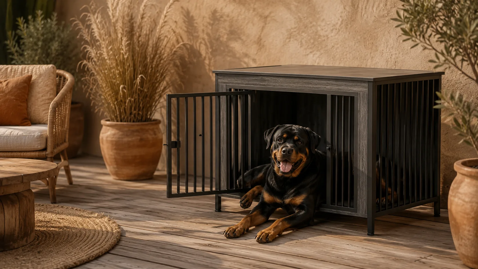 Modern Wood Double Door Pet Crate · Easy-clean pull-out tray · GuardHound DOG