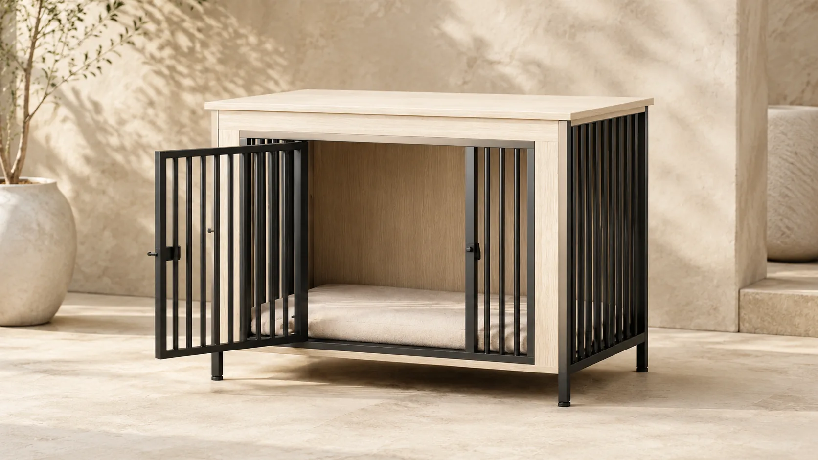 Modern Wood Double Door Pet Crate · Warm Beige · GuardHound DOG
