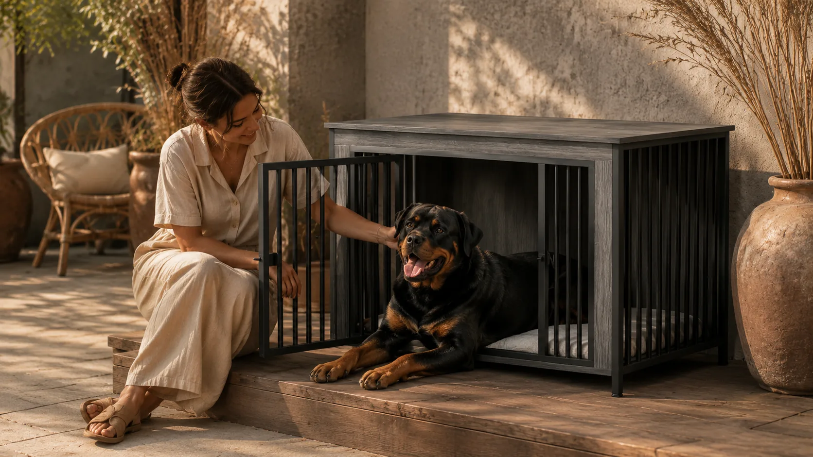 Modern Wood Double Door Pet Crate · Morning Light in Living Room · GuardHound DOG