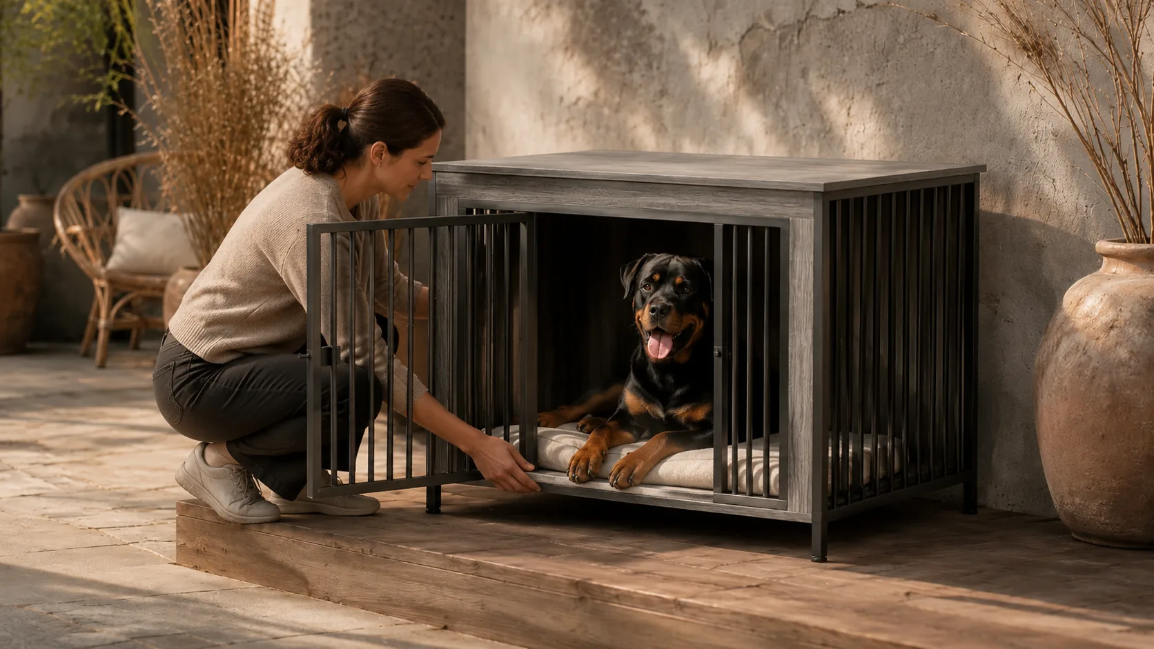 Modern Wood Double Door Pet Crate · Afternoon in the Study · GuardHound DOG