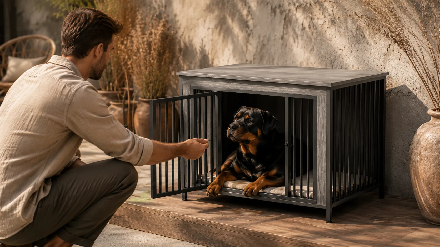 Modern Wood Double Door Pet Crate · Kitchen Sunbeam · GuardHound DOG