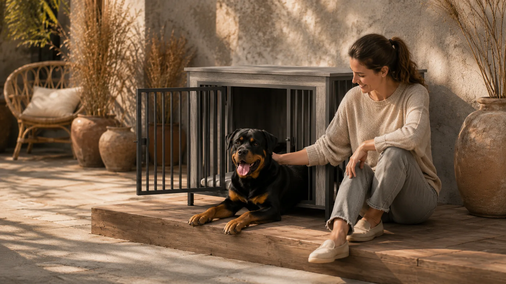 Modern Wood Double Door Pet Crate · Dusk in the Bedroom · GuardHound DOG