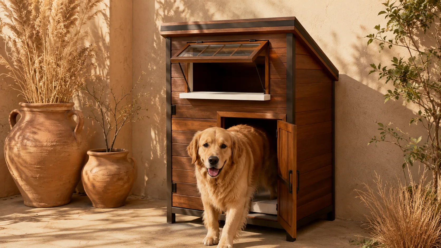 Solid Wood Double Door Dog Crate · Glass Window Ventilation · GuardHound DOG