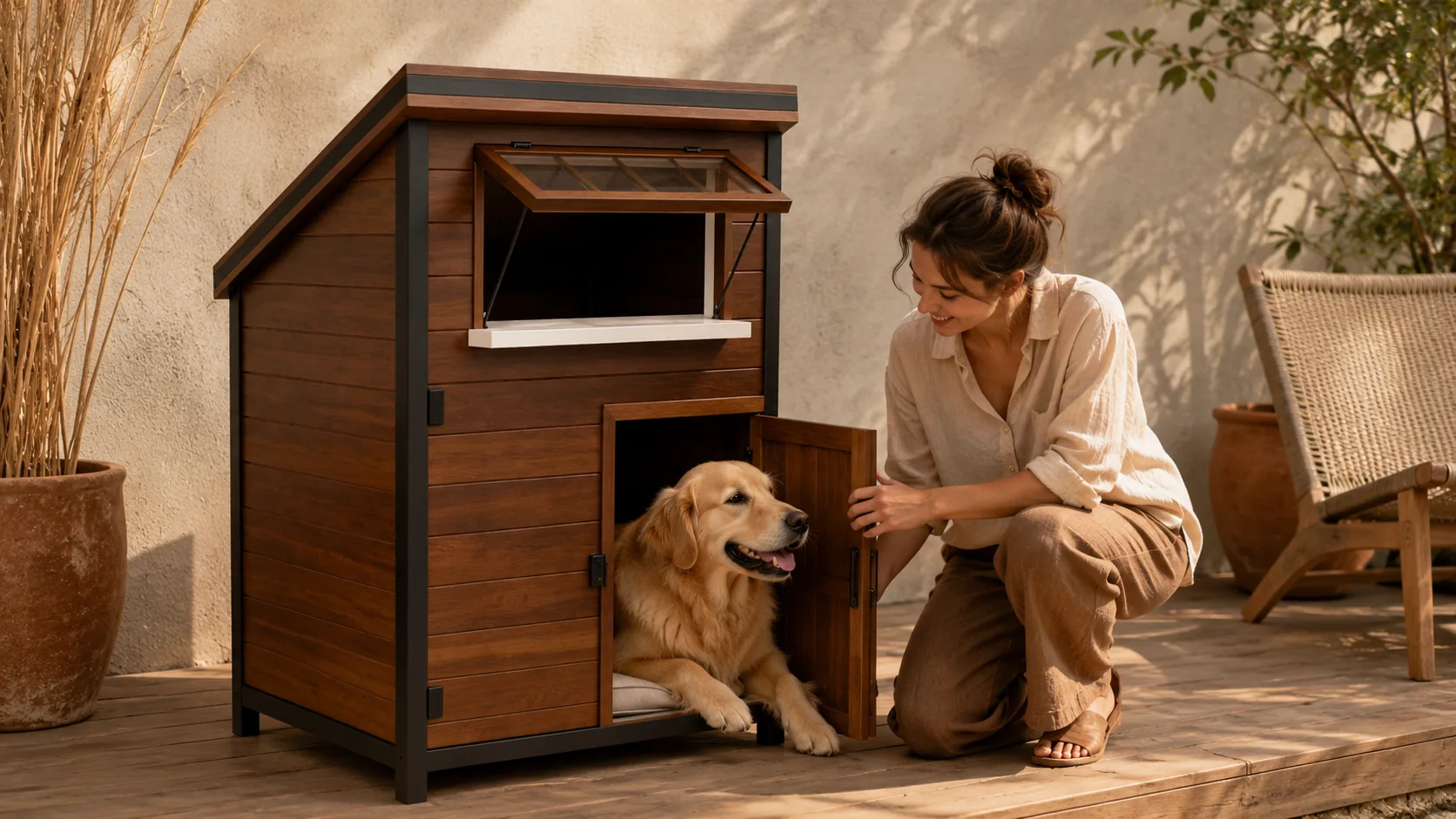 Solid Wood Double Door Dog Crate · Cozy Living Room Afternoon · GuardHound DOG