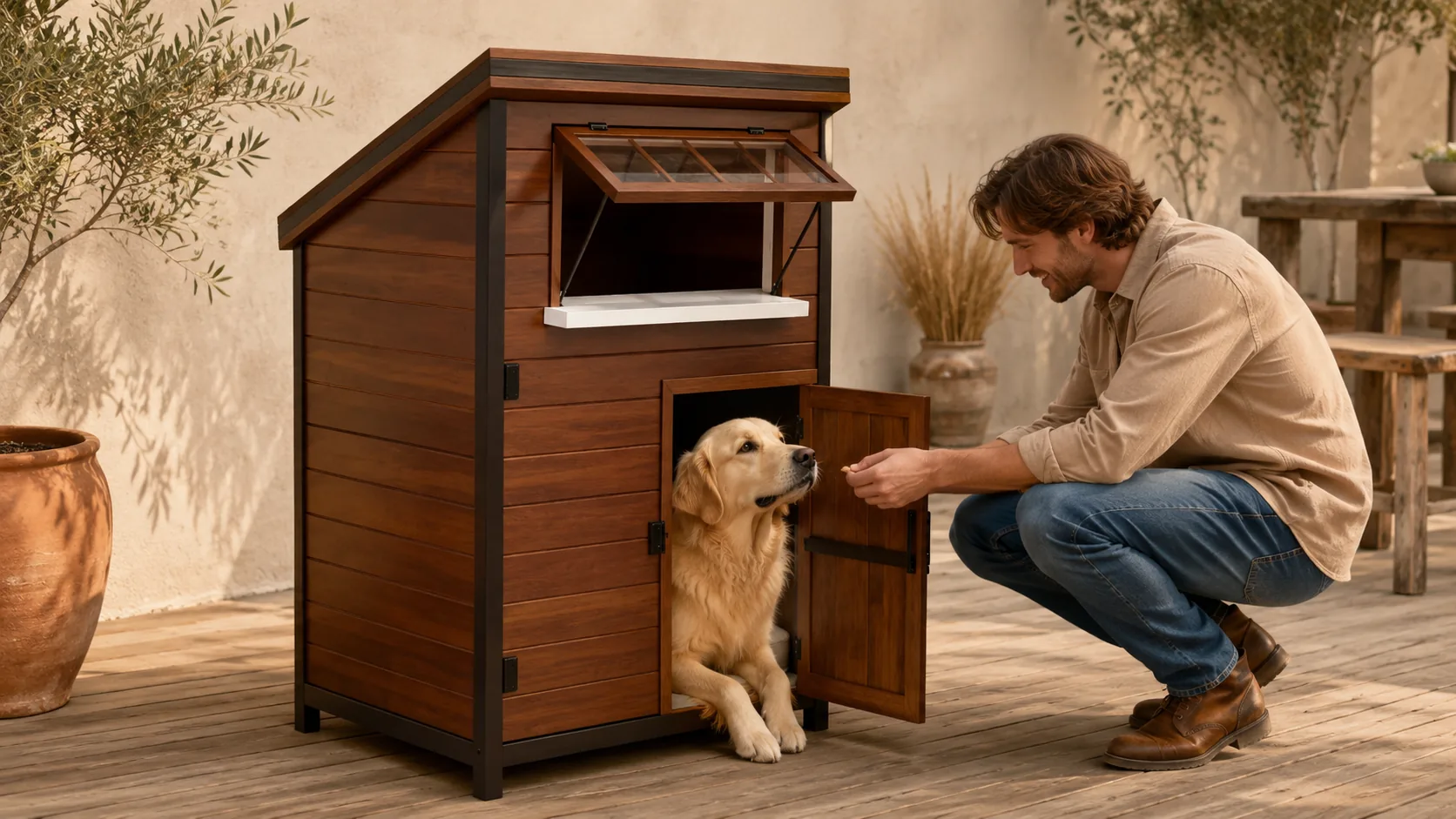 Solid Wood Double Door Dog Crate · Open Kitchen Morning Light · GuardHound DOG