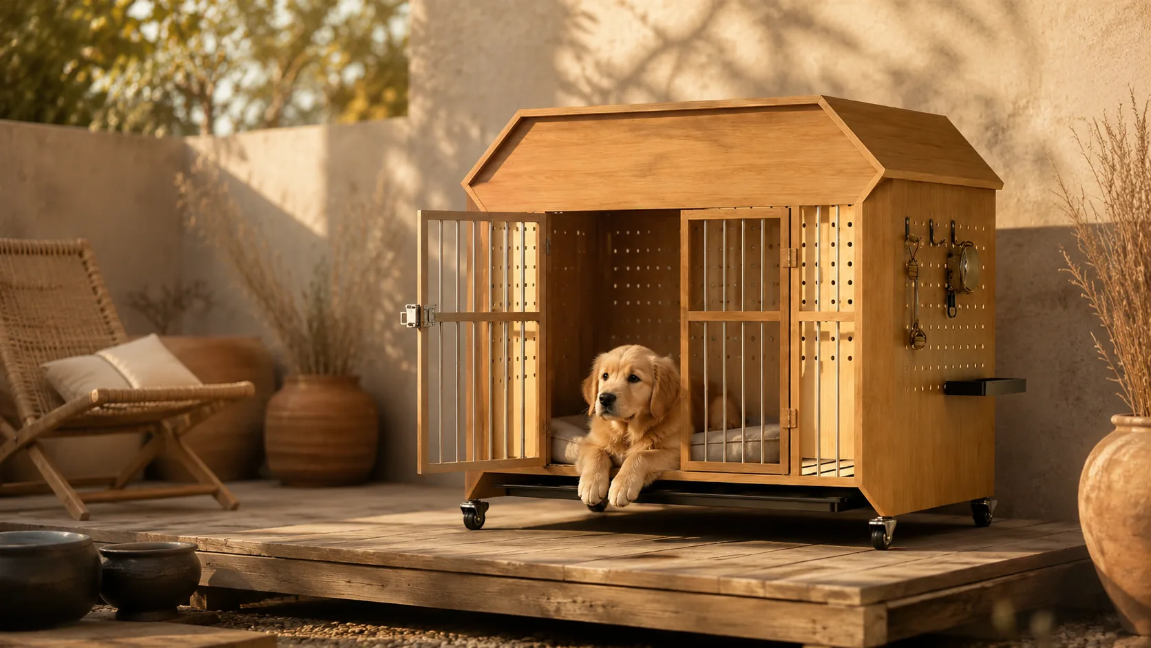 Solid Wood Cabin Pet Crate with Wheels · Natural Solid Wood · GuardHound DOG