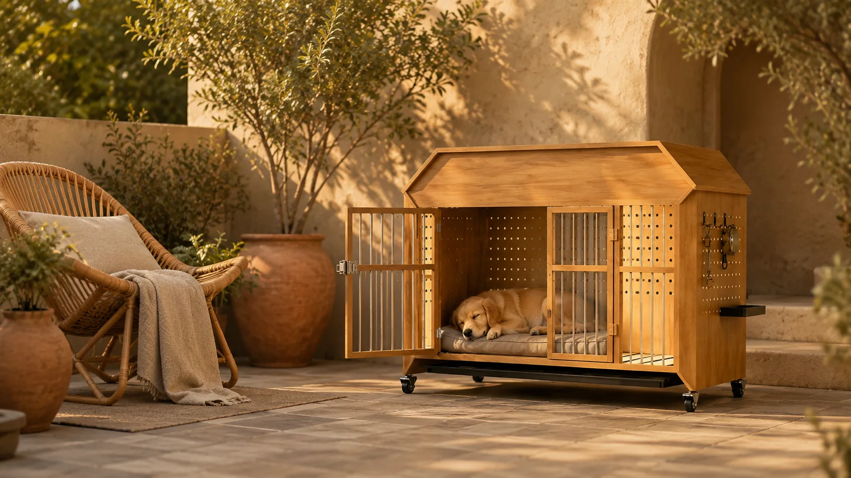 Solid Wood Cabin Pet Crate with Wheels · Easy Mobility · GuardHound DOG