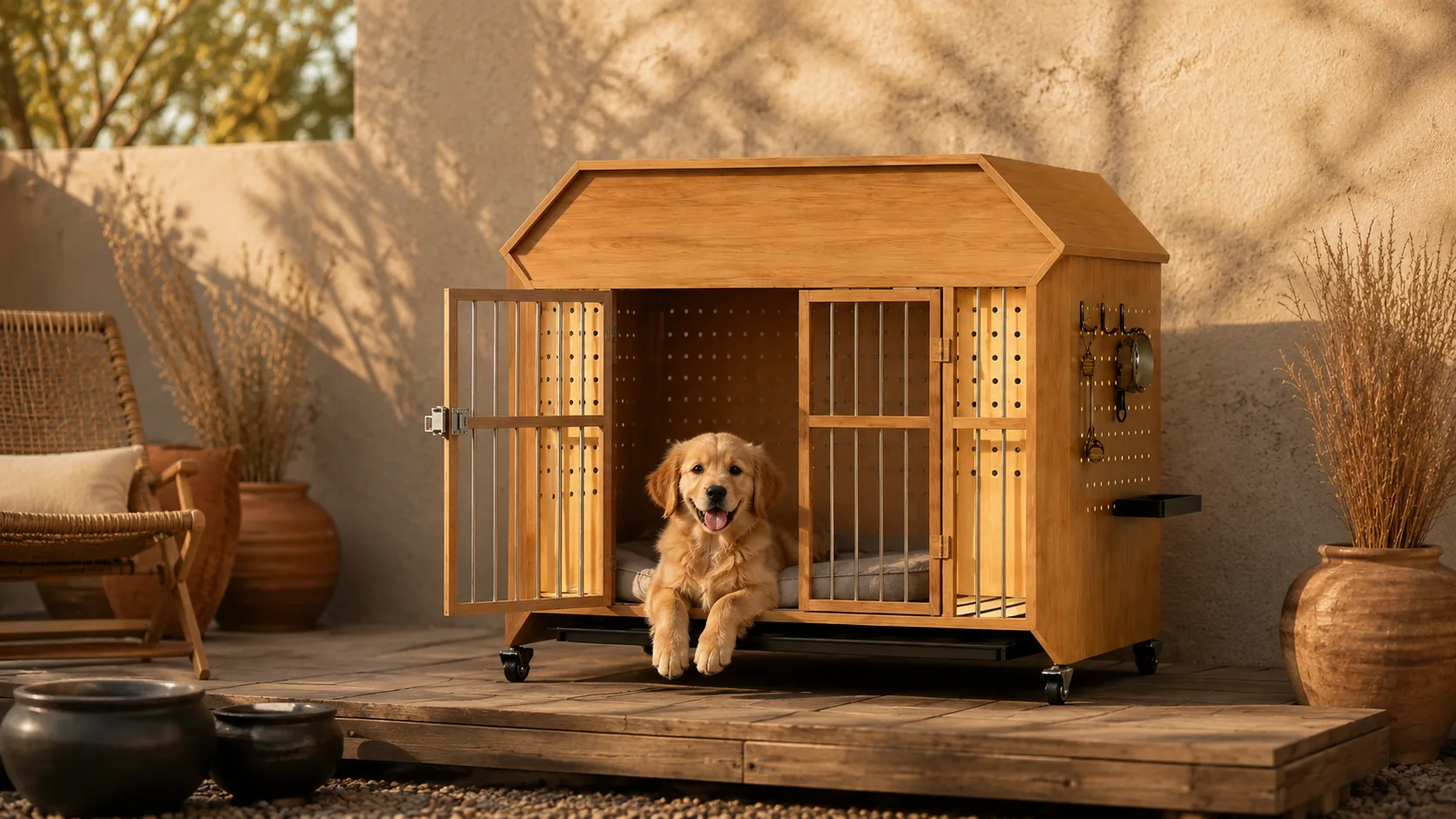 Solid Wood Cabin Pet Crate with Wheels · Slatted Front Door · GuardHound DOG