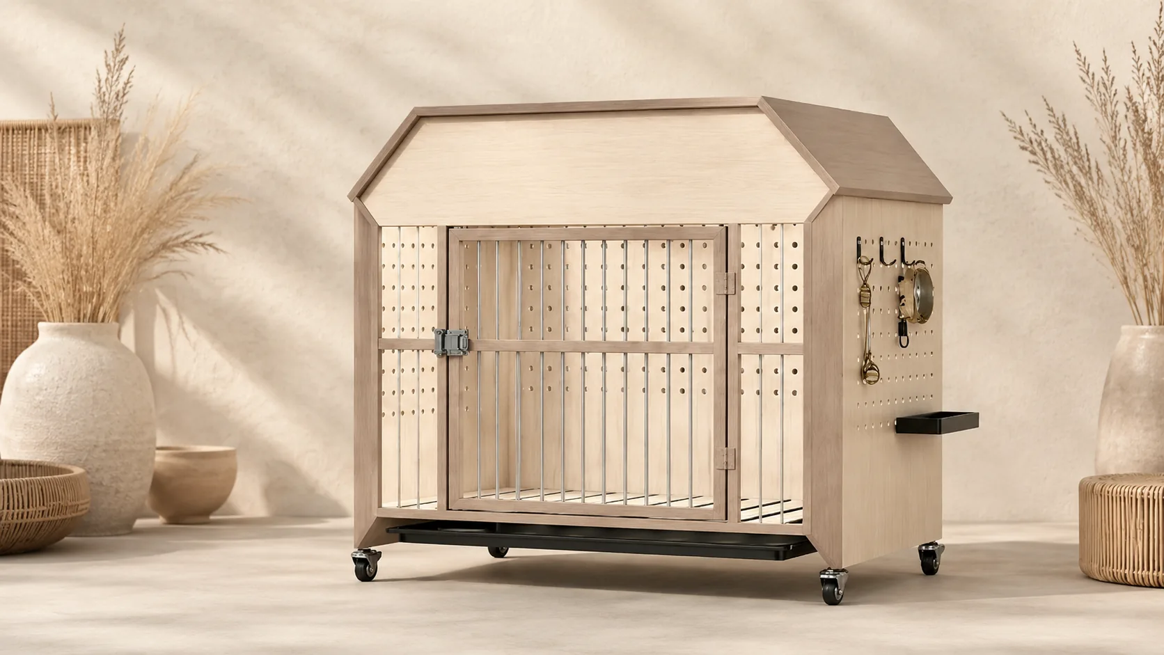 Solid Wood Cabin Pet Crate with Wheels · Warm Oak · GuardHound DOG
