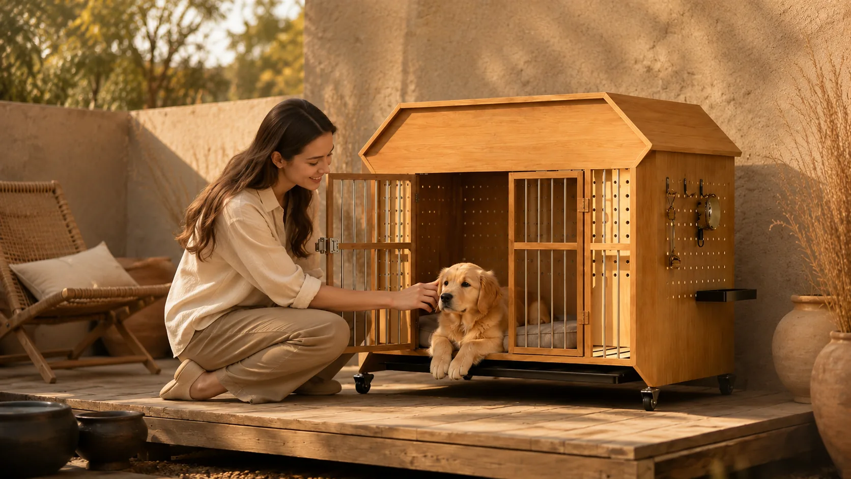 Solid Wood Cabin Pet Crate with Wheels · Cozy Living Room Afternoon · GuardHound DOG