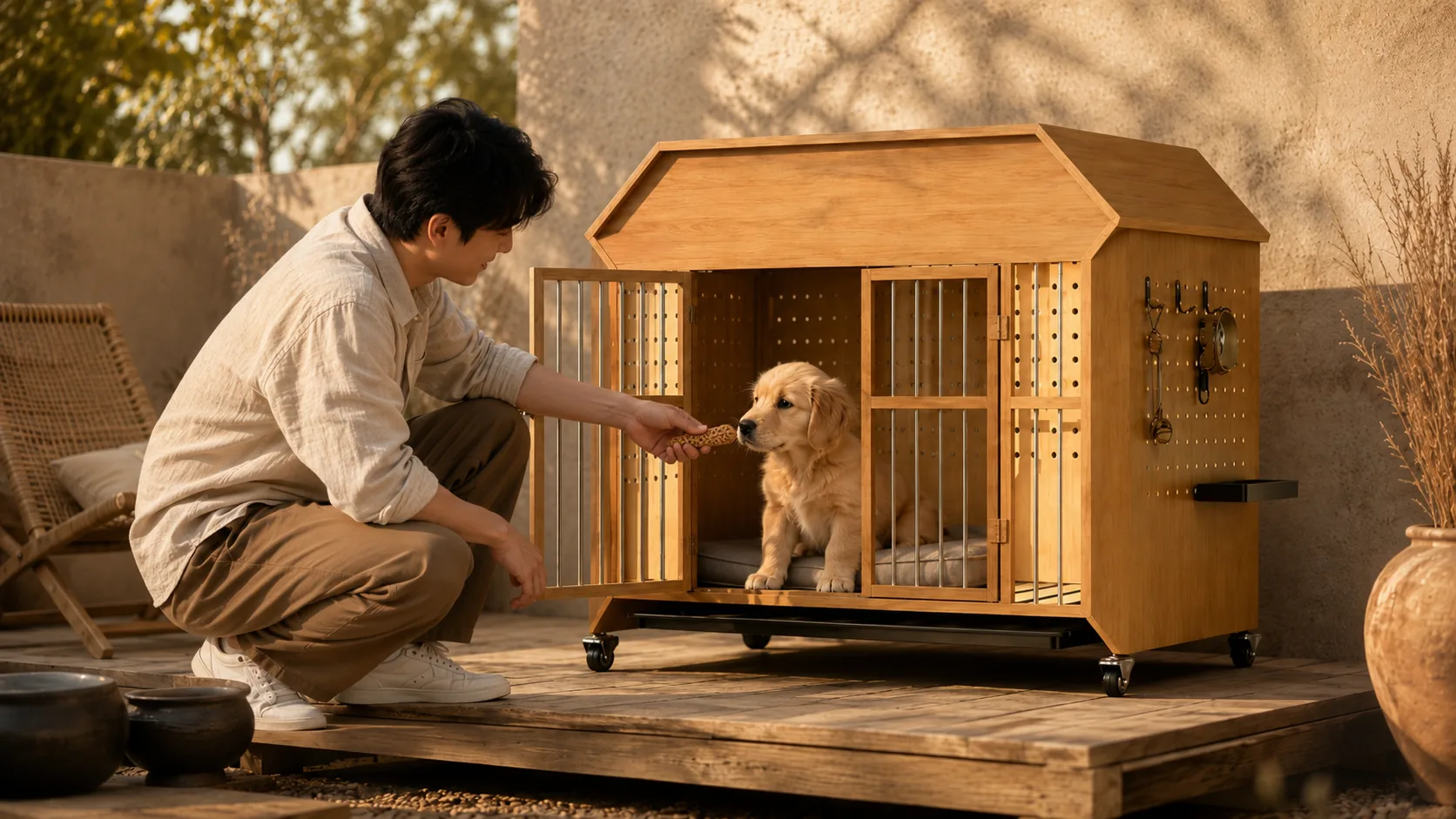 Solid Wood Cabin Pet Crate with Wheels · Open Kitchen Morning · GuardHound DOG