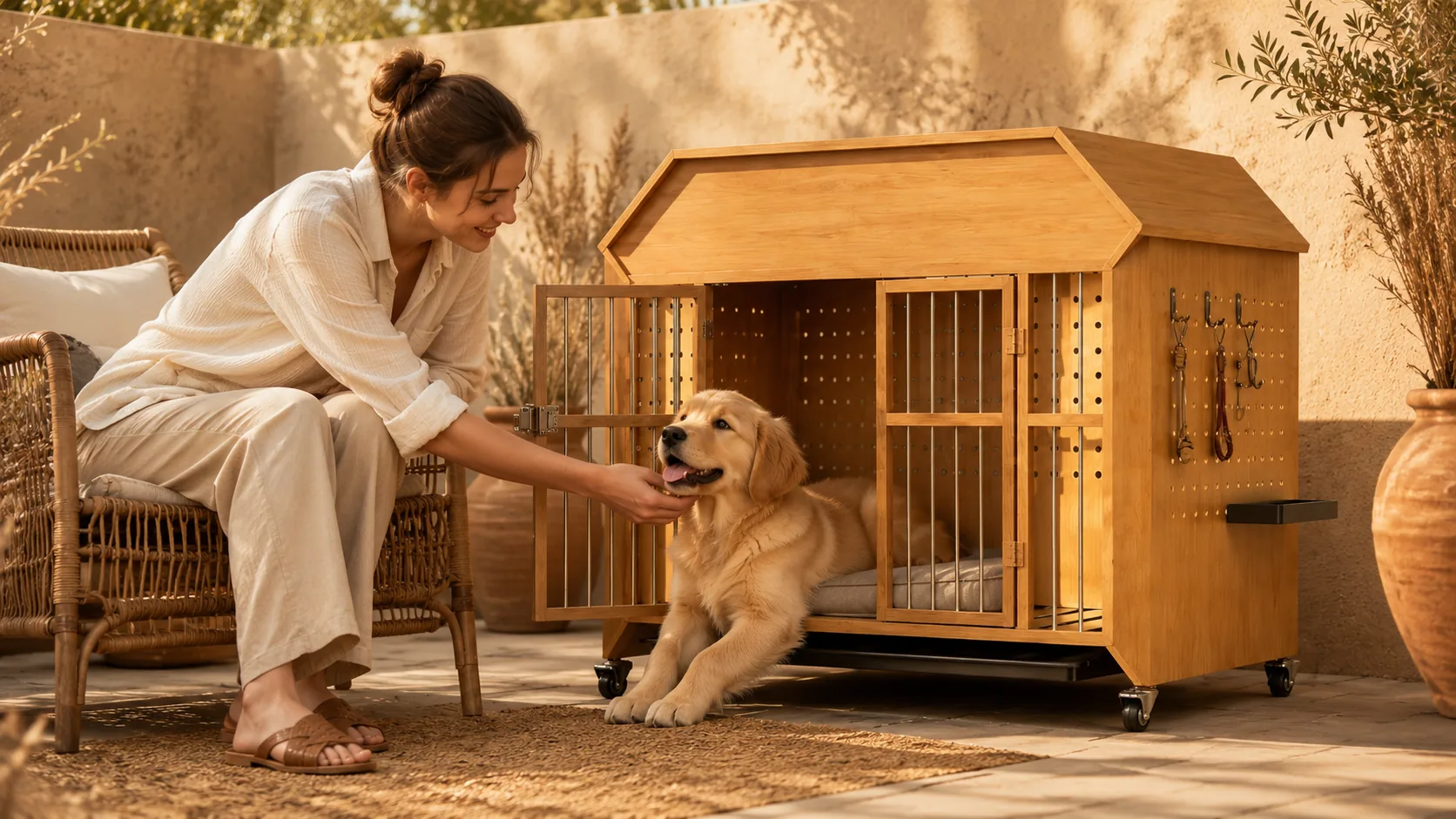 Solid Wood Cabin Pet Crate with Wheels · Study Room Evening · GuardHound DOG