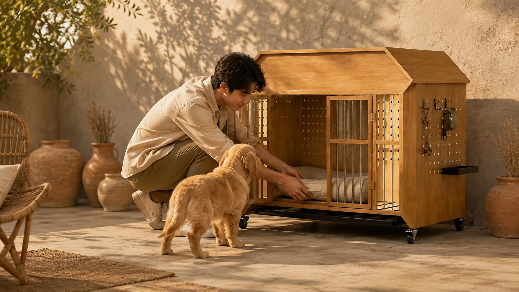 Solid Wood Cabin Pet Crate with Wheels · Elegant Entryway Morning · GuardHound DOG