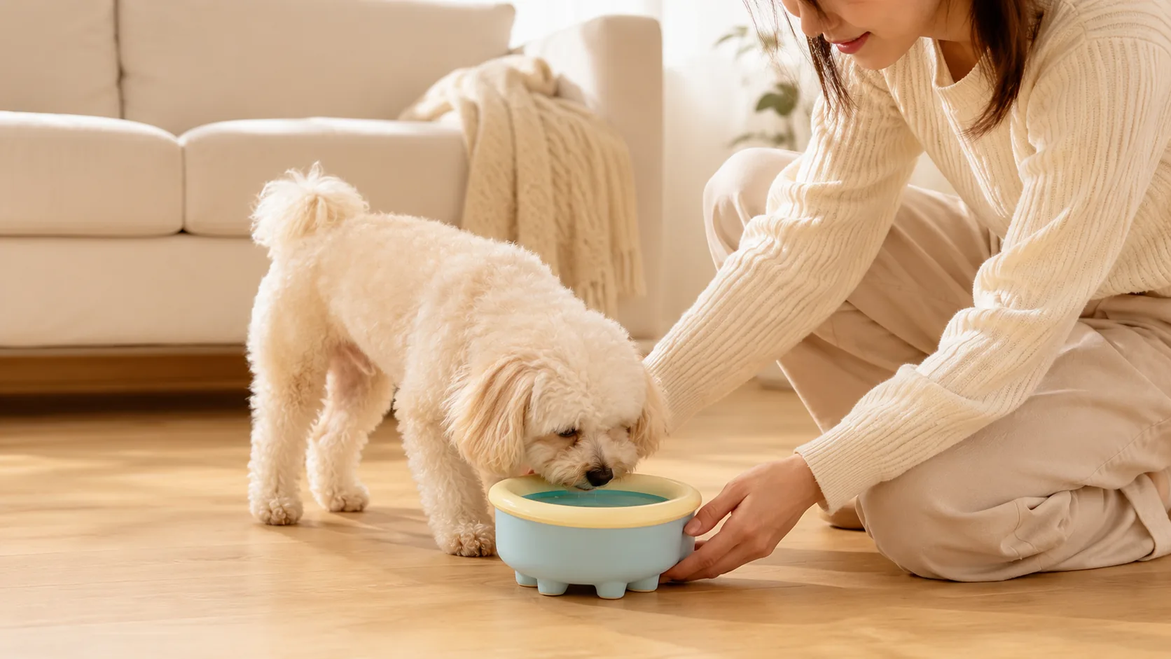 Suspended Pet Water Bowl with Stable Tripod Base · Afternoon Sunlit Window · GuardHound DOG