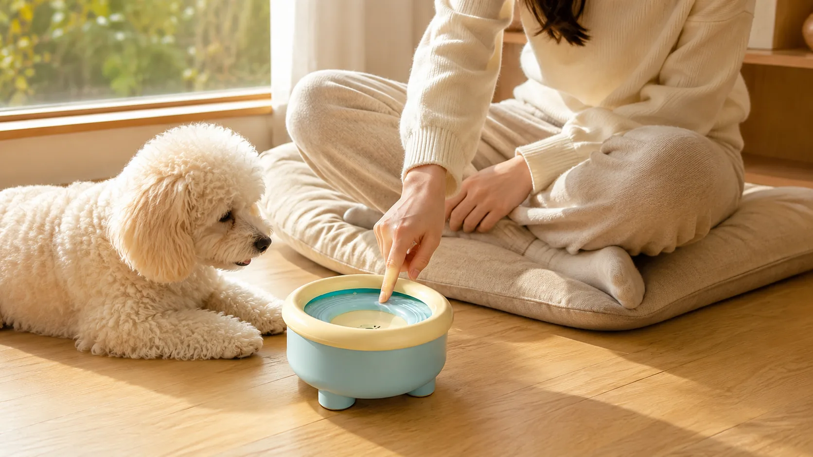 Suspended Pet Water Bowl with Stable Tripod Base · Night Living Room Calm · GuardHound DOG