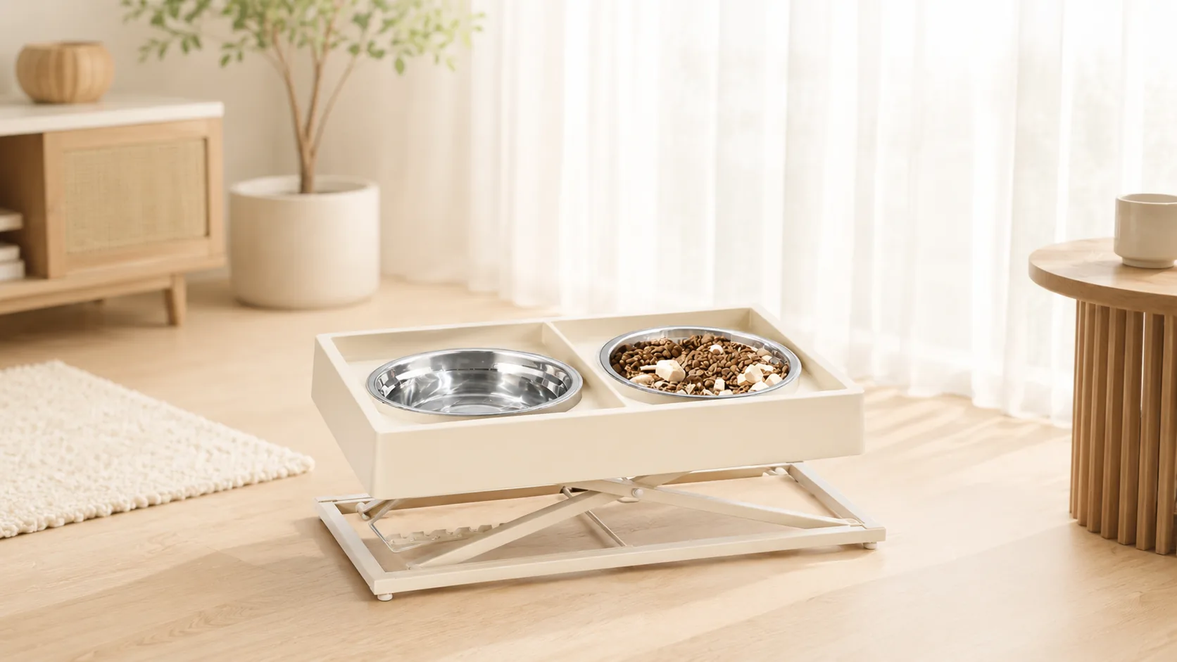 Adjustable Double Bowl Dog Feeder · Oat Milk White · GuardHound DOG