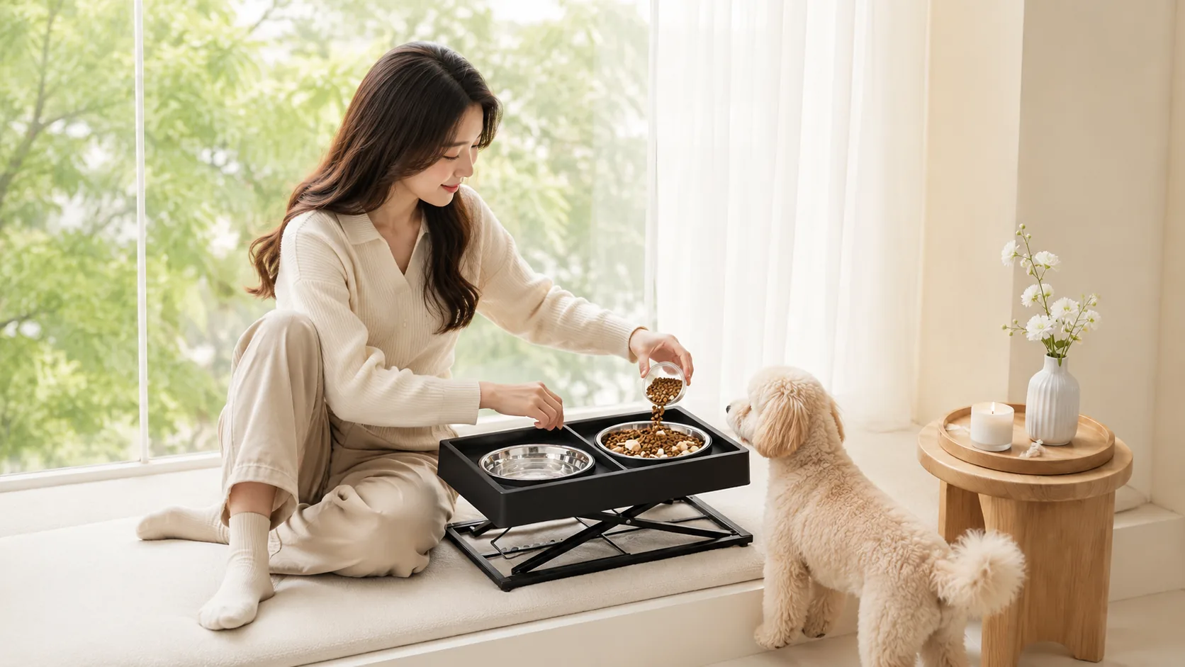 Adjustable Double Bowl Dog Feeder · Living Room by Window · GuardHound DOG