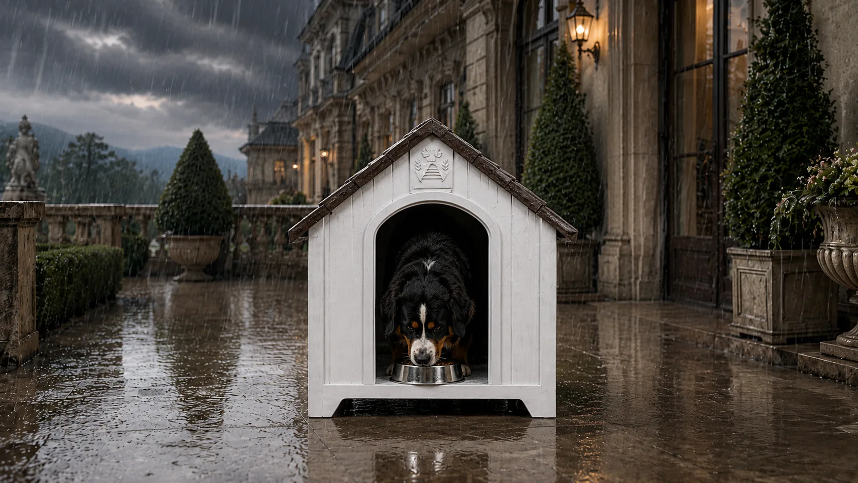 Wood-Grain Plastic Dog House · Sunny Backyard Patio · GuardHound DOG