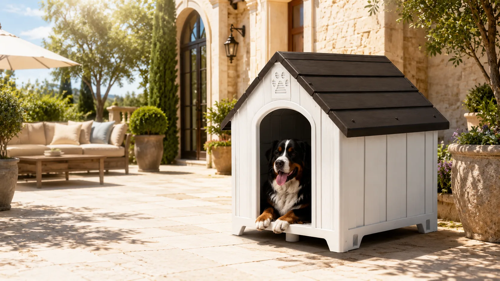 Wood-Grain Plastic Dog House · Living Room Window · GuardHound DOG