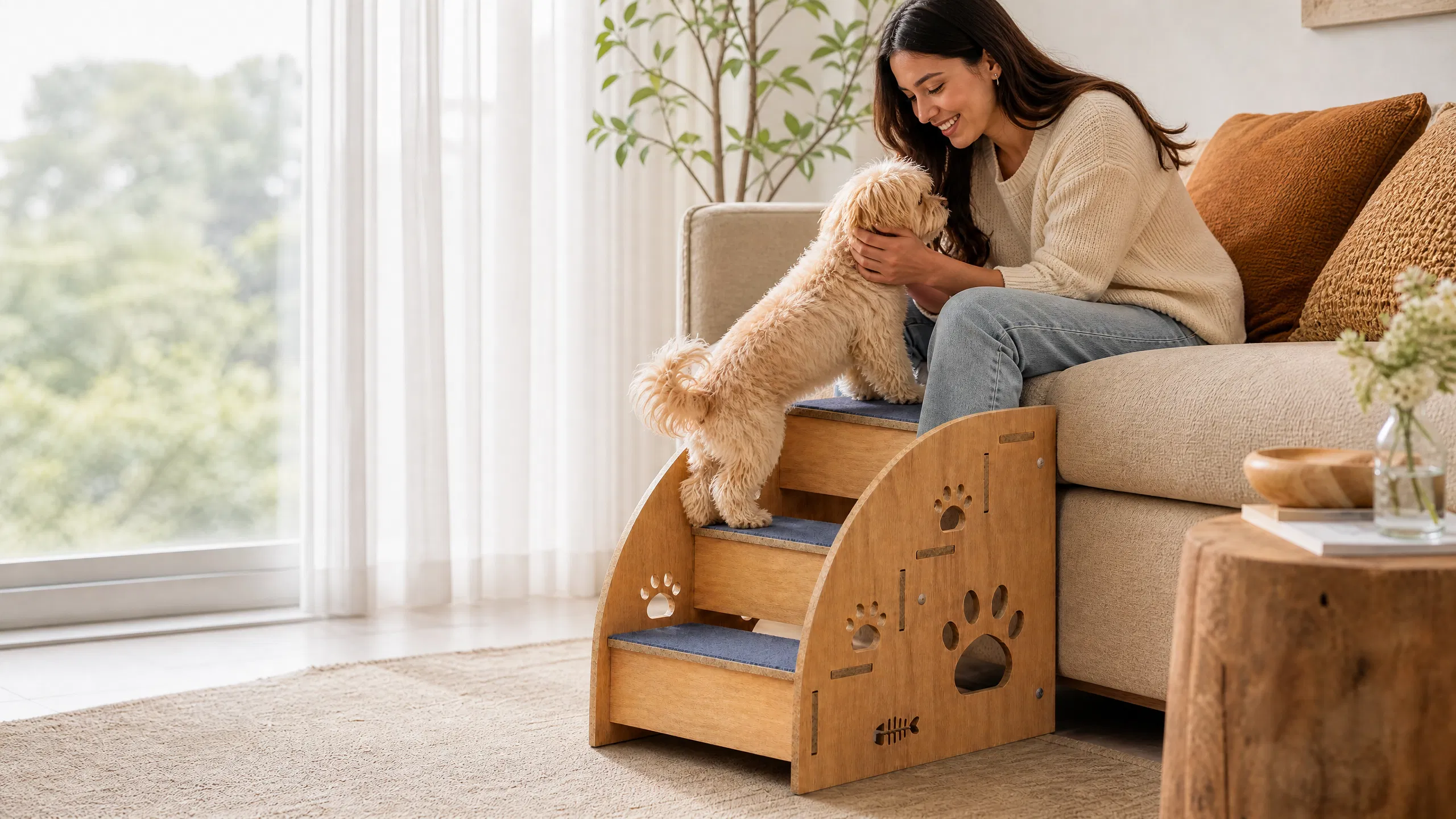 GuardHound Premium Pet Stairs Solid Wood Ramp · Morning Sunlight on Solid Wood Stairs · GuardHound DOG