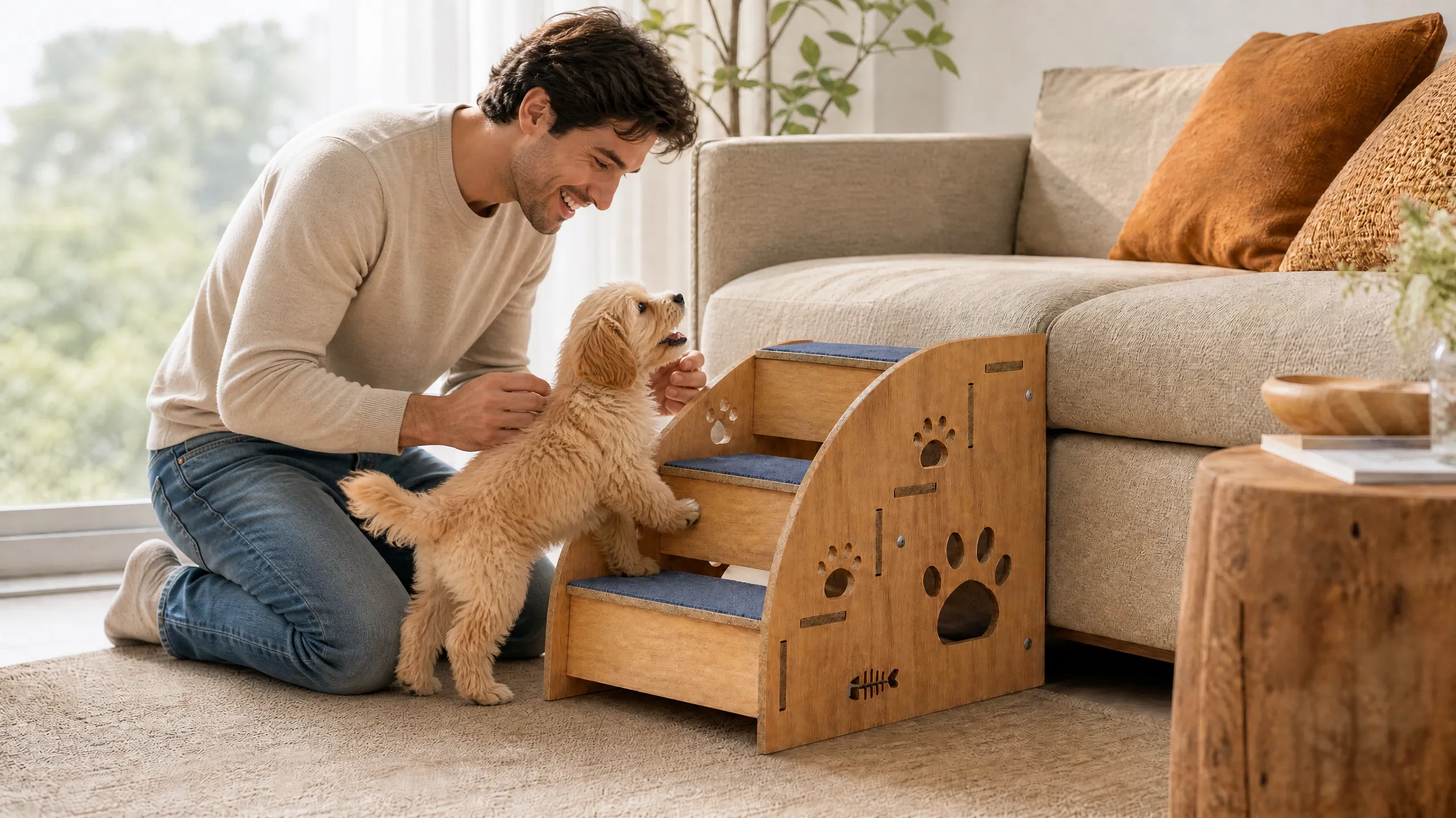 GuardHound Premium Pet Stairs Solid Wood Ramp · Afternoon Cat and Dog Harmony by Window · GuardHound DOG