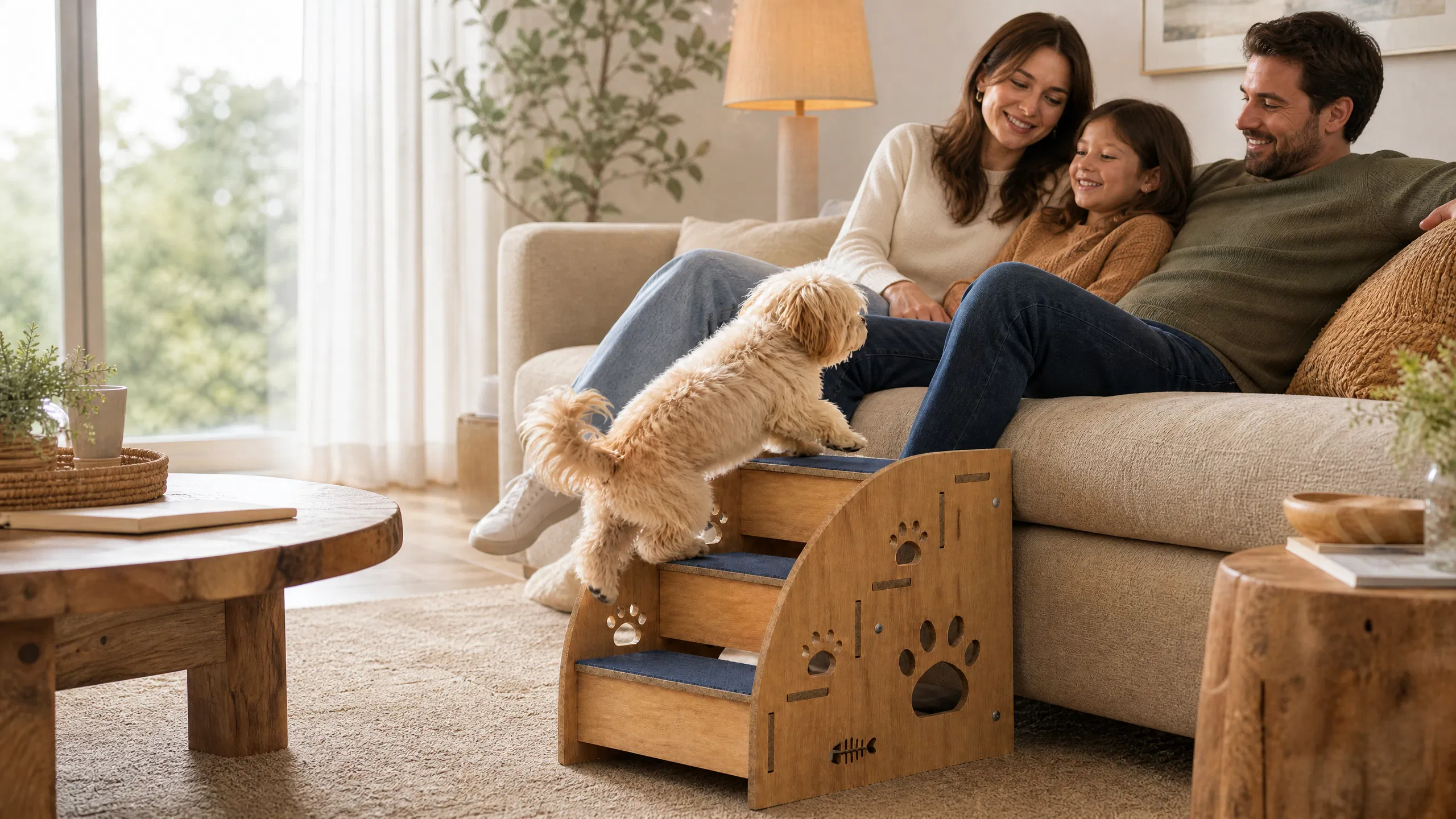 GuardHound Premium Pet Stairs Solid Wood Ramp · Cozy Nighttime Bonding · GuardHound DOG