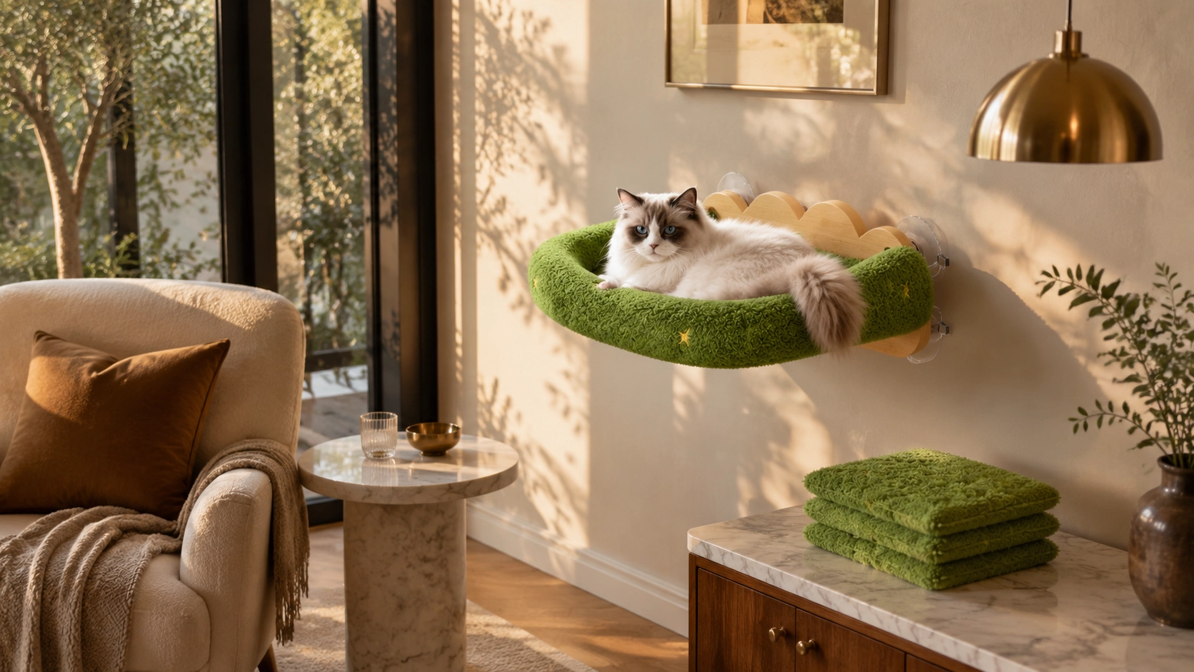 Suction Cup Wall-Mounted Cat Bed · Removable Liner · GuardLynx