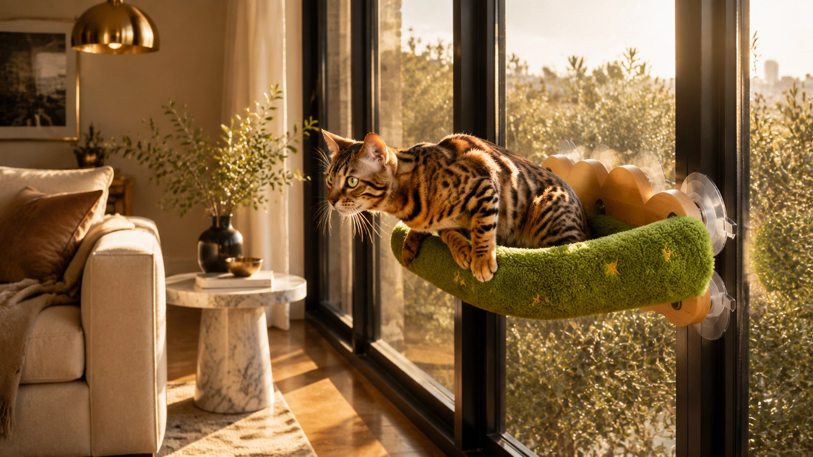 Suction Cup Wall-Mounted Cat Bed · Bengal in Afternoon Glow · GuardLynx