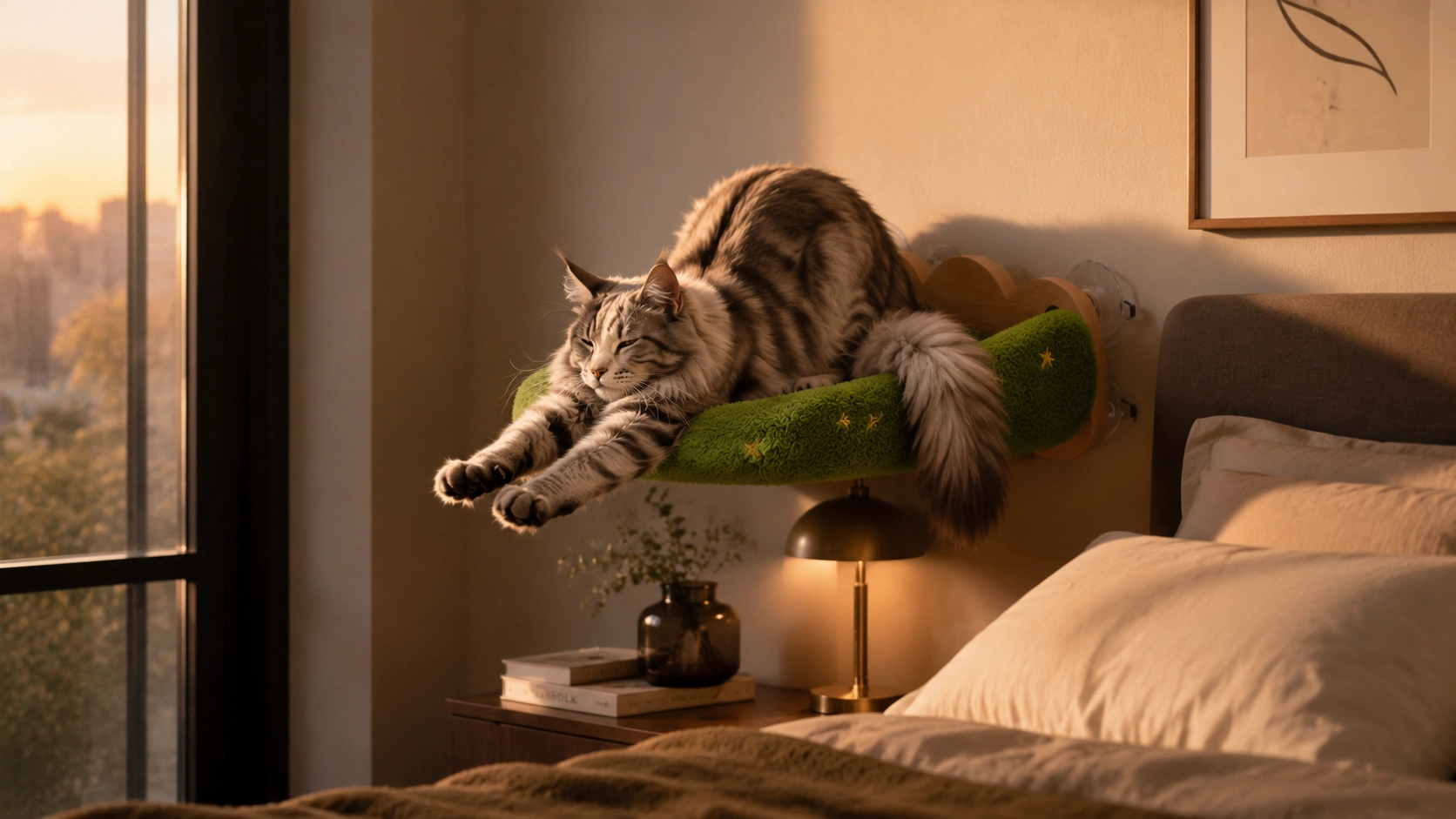 Suction Cup Wall-Mounted Cat Bed · Maine Coon at Dusk · GuardLynx