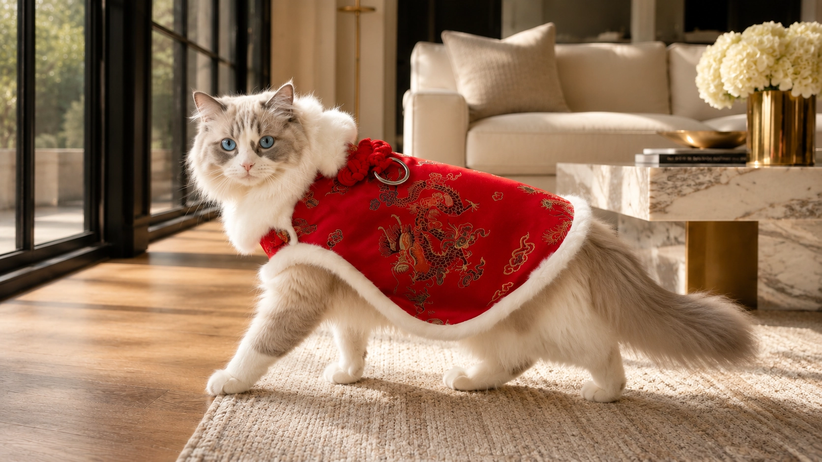 Imperial Silk Winter Vest for Cats · Golden Dragon Motif · GuardLynx