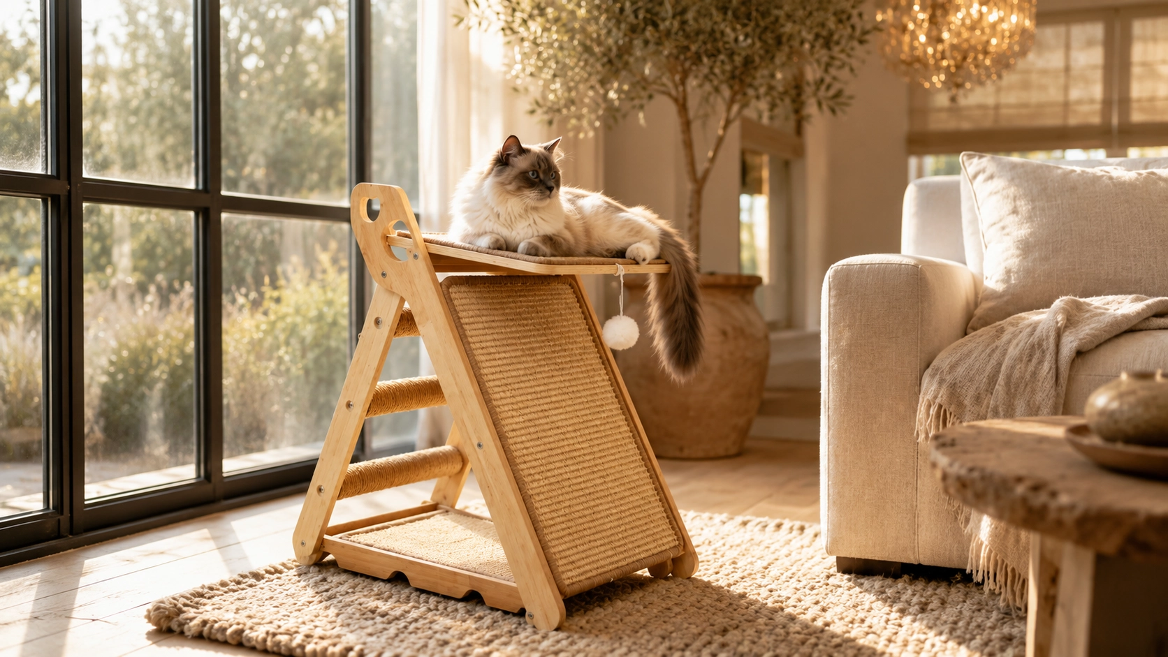 Triangular Cat Tower with Sisal Rope · Honey Pine · GuardLynx