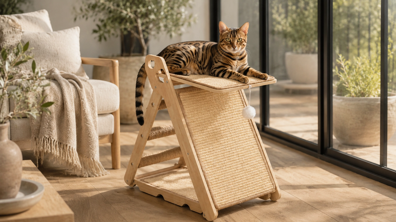 Triangular Cat Tower with Sisal Rope · Afternoon Play with Bengal · GuardLynx