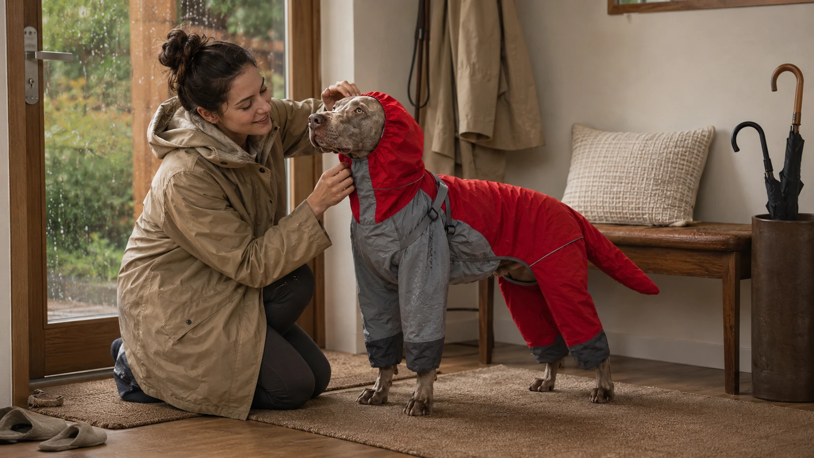 All-Weather Waterproof Raincoat for Large Dogs with Hood · Morning Forest Walk · GuardHound DOG