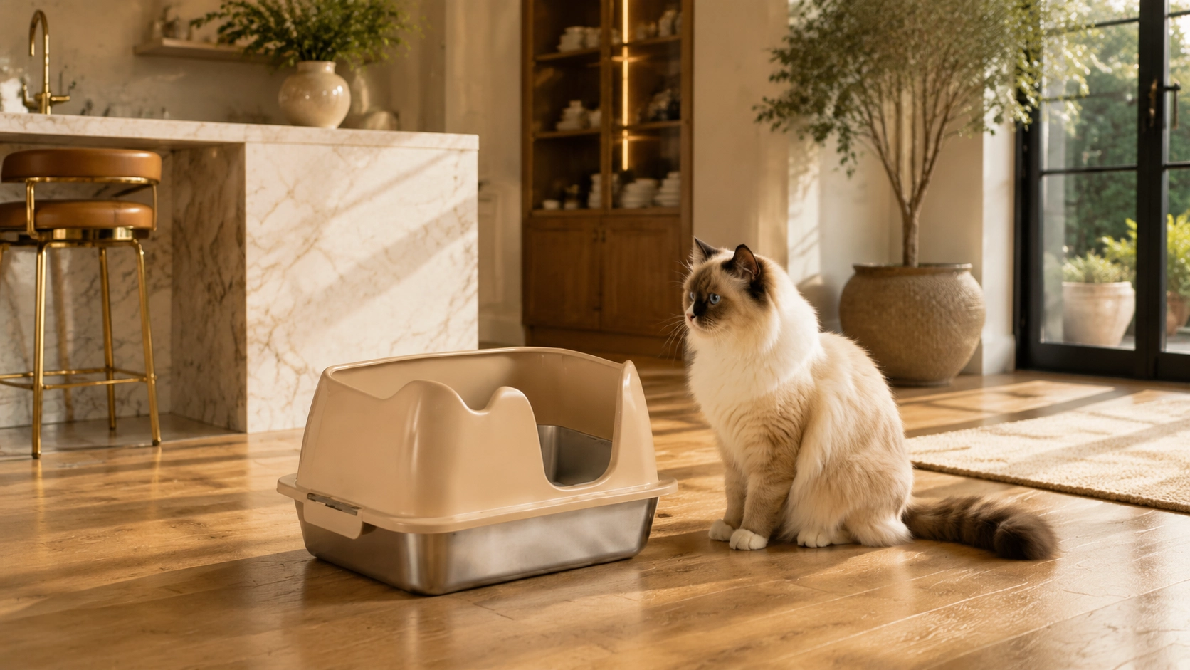 Stainless Steel Semi-Enclosed Cat Litter Box · Warm Beige · GuardLynx