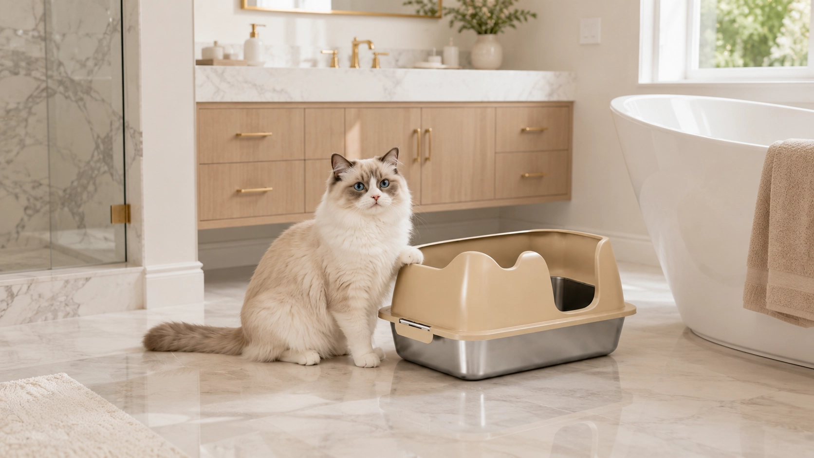 Stainless Steel Semi-Enclosed Cat Litter Box · Cozy Night Guardian · GuardLynx