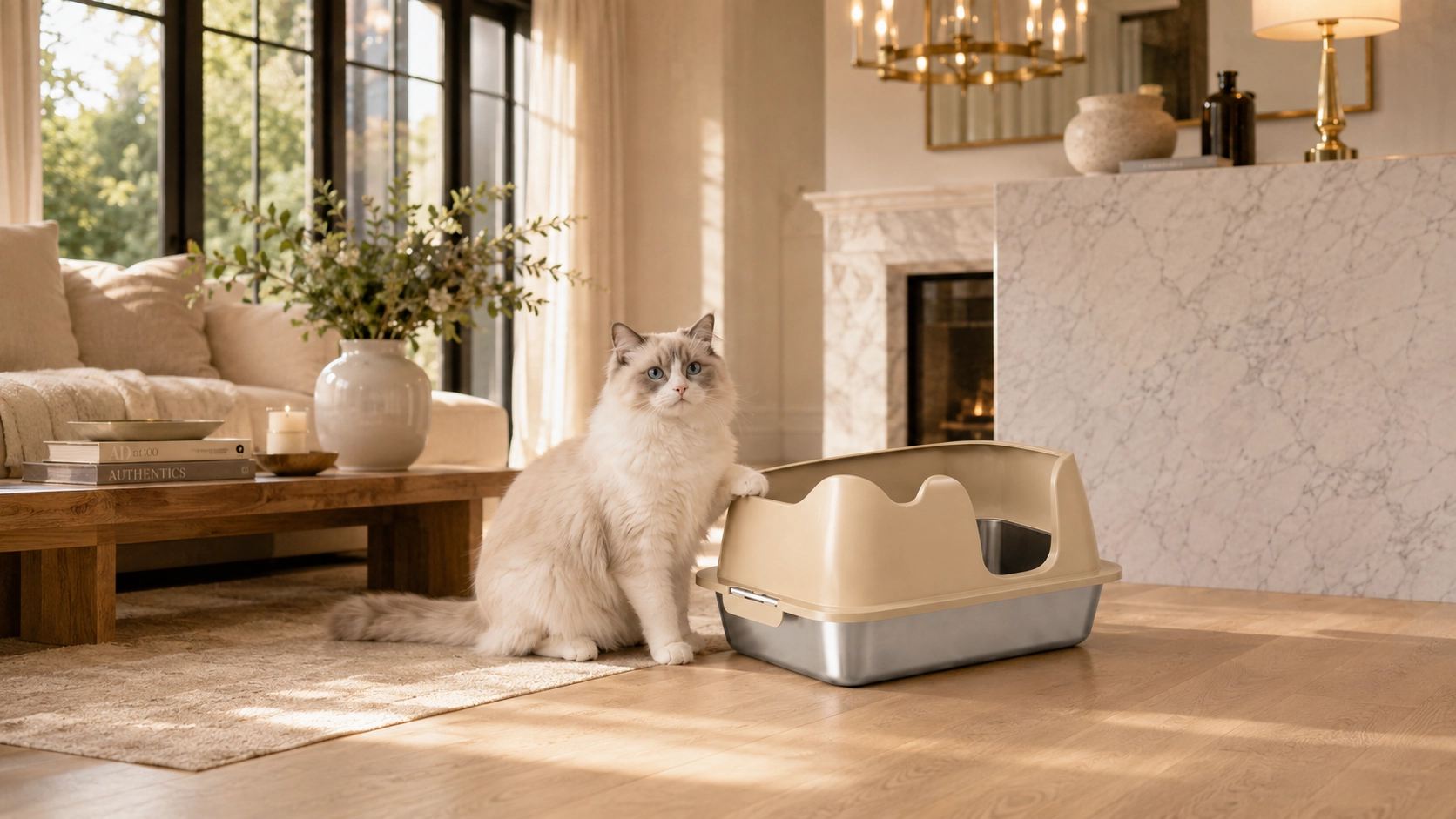 Stainless Steel Semi-Enclosed Cat Litter Box · Premium Corner in the Bathroom · GuardLynx
