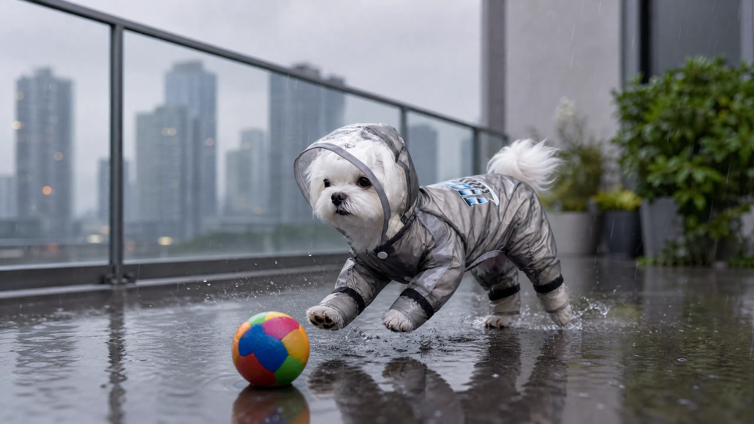 Four-Leg Waterproof Raincoat with Leash Hole · Rainy Day on the Balcony · GuardHound DOG