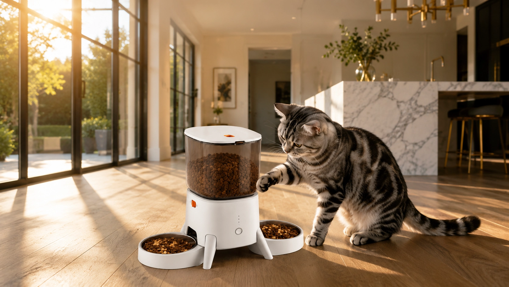 Smart Dual Bowl Automatic Pet Feeder · Timed Feeding · GuardLynx