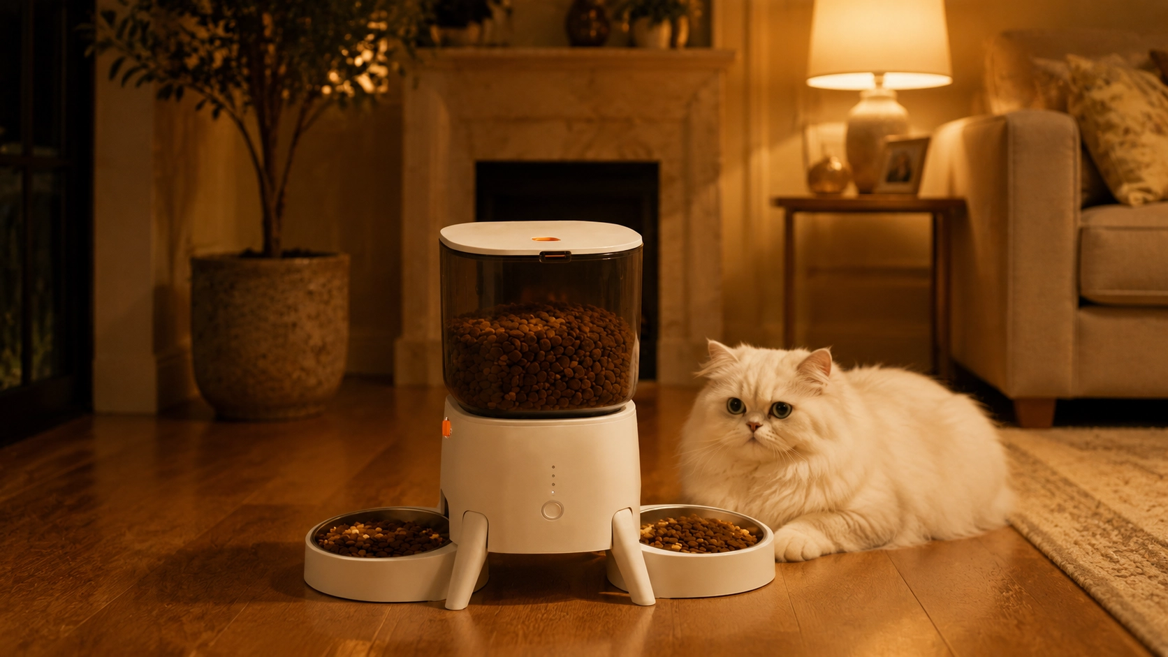 Smart Dual Bowl Automatic Pet Feeder · Morning Breakfast in Warm Sunlight · GuardLynx
