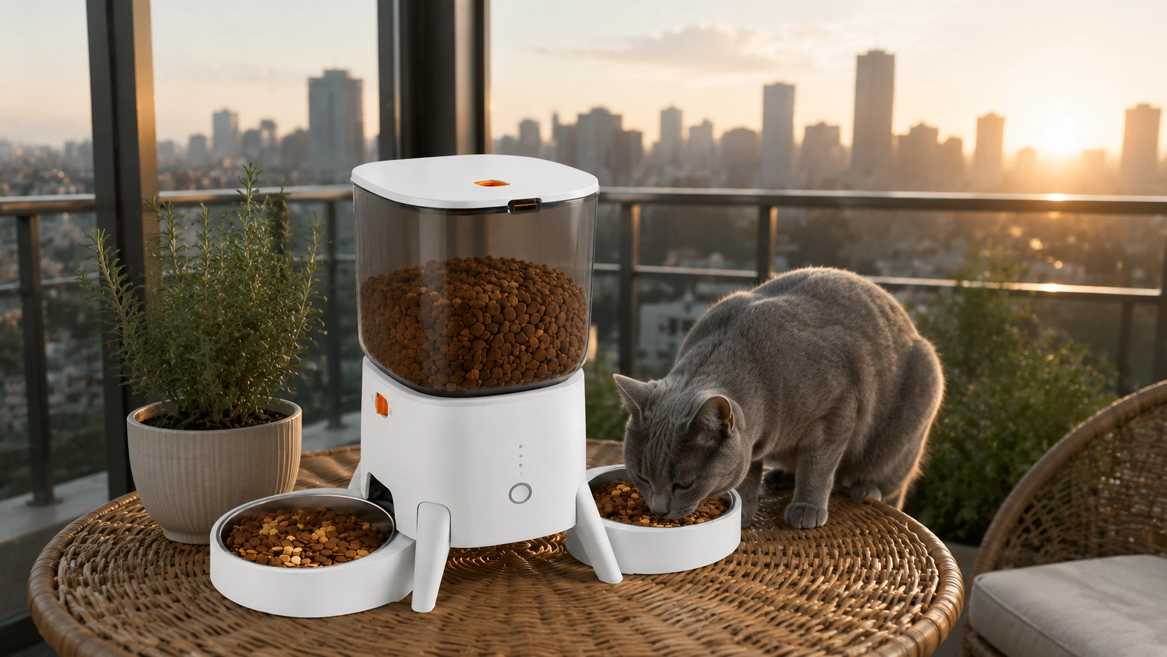 Smart Dual Bowl Automatic Pet Feeder · Afternoon Snack in the Living Room · GuardLynx
