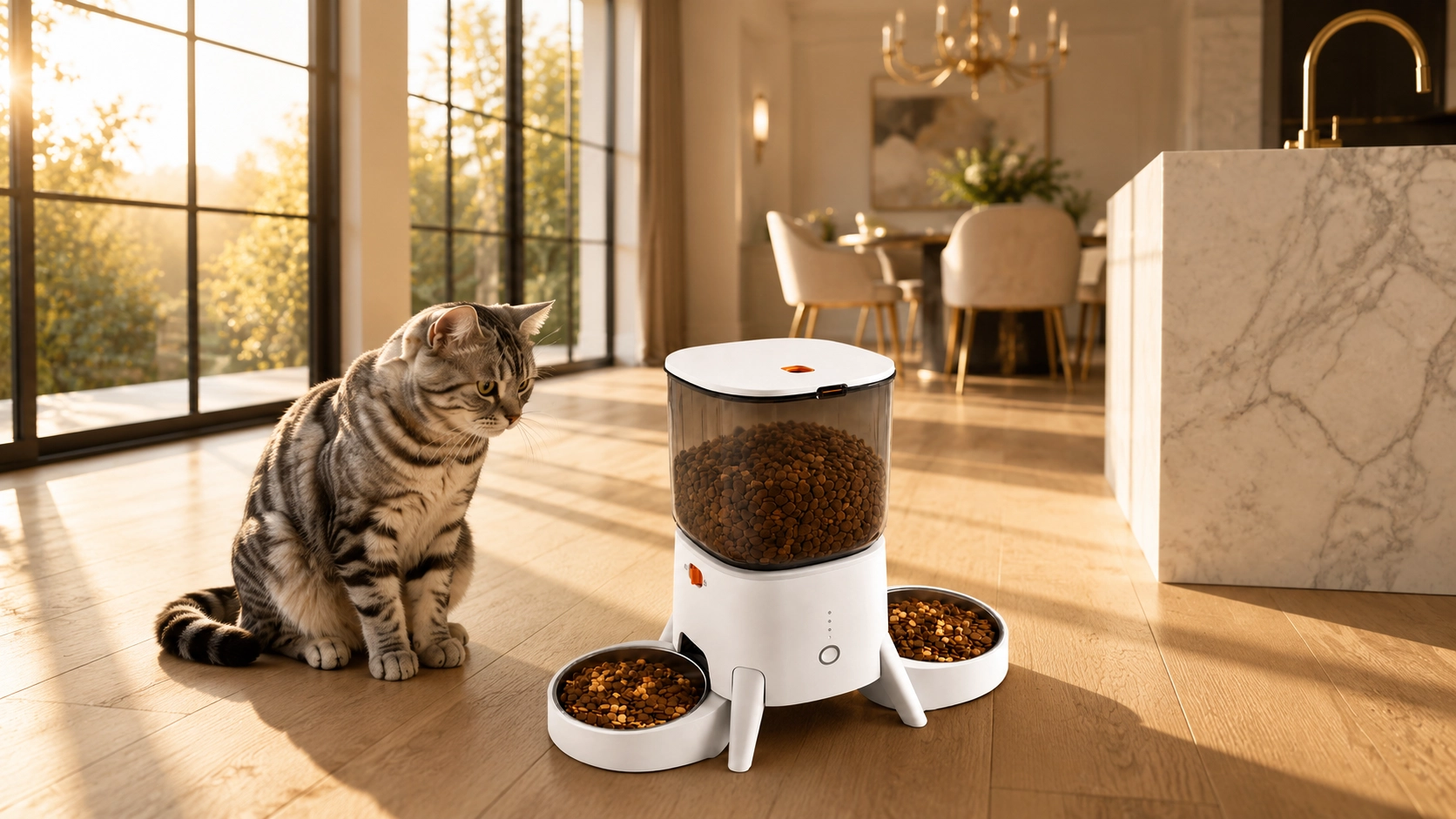 Smart Dual Bowl Automatic Pet Feeder · Evening Replenishment Under Warm Light · GuardLynx