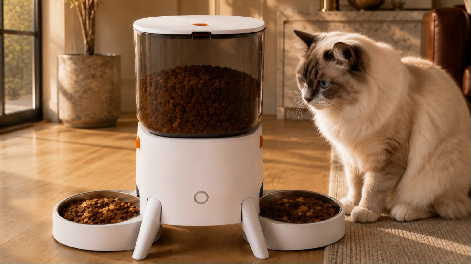 Smart Dual Bowl Automatic Pet Feeder · Weekend Morning Brunch in Sunlight · GuardLynx
