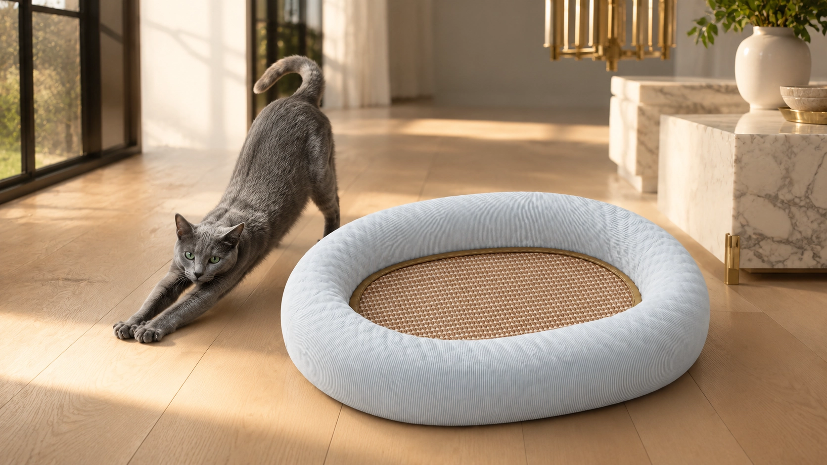 Cooling Cat Bed & Scratch Board 2-in-1 · Leather Trim Detail · GuardLynx