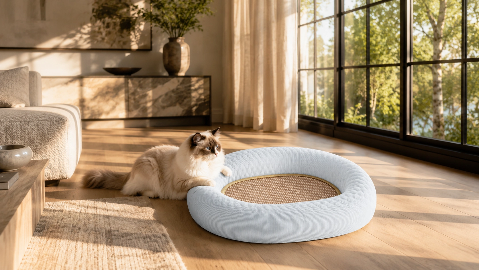 Cooling Cat Bed & Scratch Board 2-in-1 · Morning Light in Living Room · GuardLynx