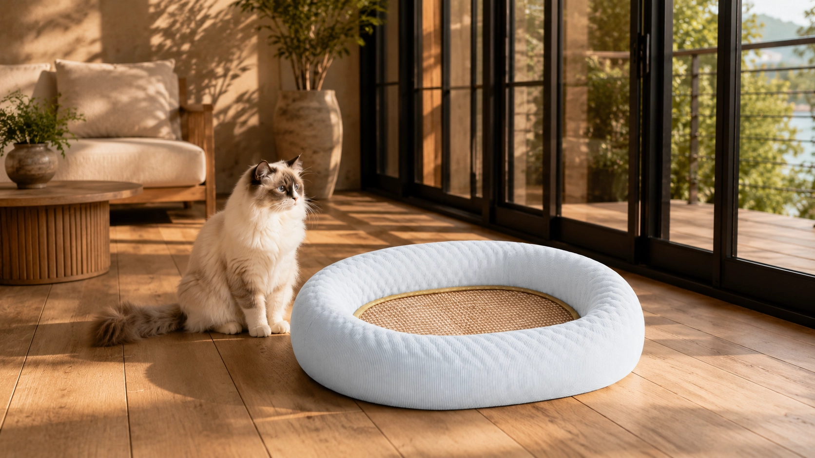 Cooling Cat Bed & Scratch Board 2-in-1 · Sunlit Balcony Afternoon · GuardLynx