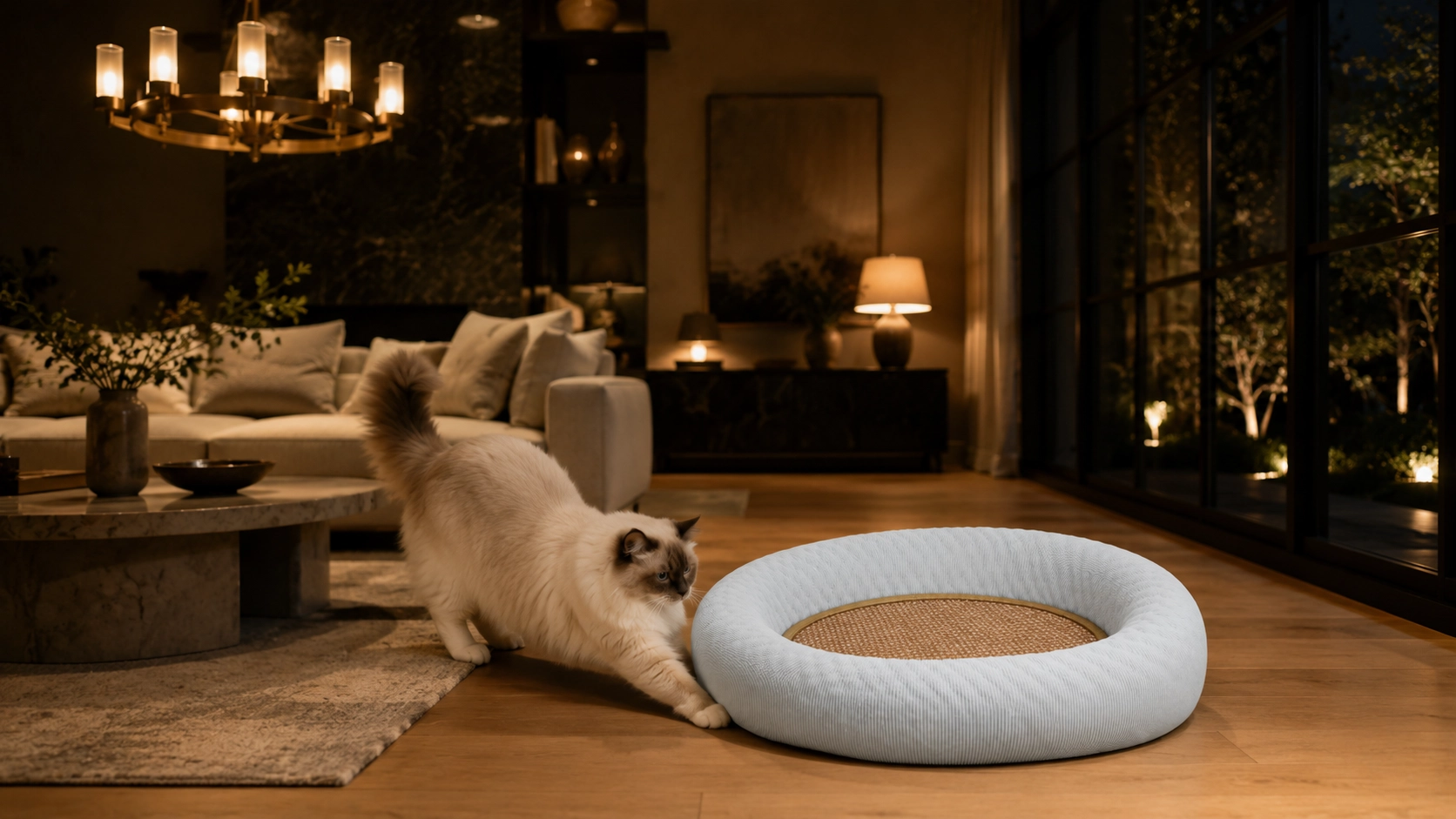 Cooling Cat Bed & Scratch Board 2-in-1 · Cozy Evening Corner · GuardLynx